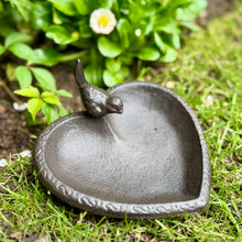 Load image into Gallery viewer, Small Cast Iron Heart Shaped Bird Bath with 3D Bird