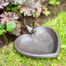 Load image into Gallery viewer, Small Cast Iron Heart Shaped Bird Bath with 3D Bird