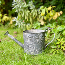 Load image into Gallery viewer, Grey Metal Medium Sized Watering Can, Embossed Floral Design