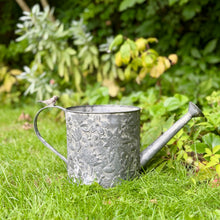 Load image into Gallery viewer, Grey Metal Medium Sized Watering Can, Embossed Floral Design
