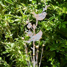 Load image into Gallery viewer, Large Rusty Metal Garden Ornament with Golden Accents – Bird Design Garden Stake (162 cm)