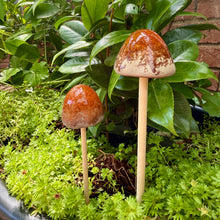 Load image into Gallery viewer, Set of 2 Small Ceramic Mushroom Garden Ornaments with Wooden Stalks (24 cm &amp; 20 cm)