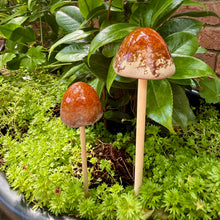 Load image into Gallery viewer, Set of 2 Small Ceramic Mushroom Garden Ornaments with Wooden Stalks (24 cm &amp; 20 cm)