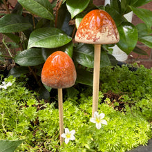 Load image into Gallery viewer, Set of 2 Small Ceramic Mushroom Garden Ornaments with Wooden Stalks (24 cm &amp; 20 cm)