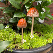 Load image into Gallery viewer, Set of 2 Small Ceramic Mushroom Garden Ornaments with Wooden Stalks (24 cm &amp; 20 cm)