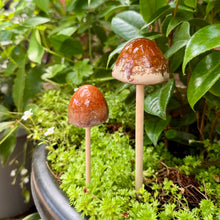 Load image into Gallery viewer, Set of 2 Small Ceramic Mushroom Garden Ornaments with Wooden Stalks (24 cm &amp; 20 cm)