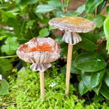 Load image into Gallery viewer, Set of 2 Medium Ceramic Mushroom Ornaments with Wooden Stalks (31.5 cm)